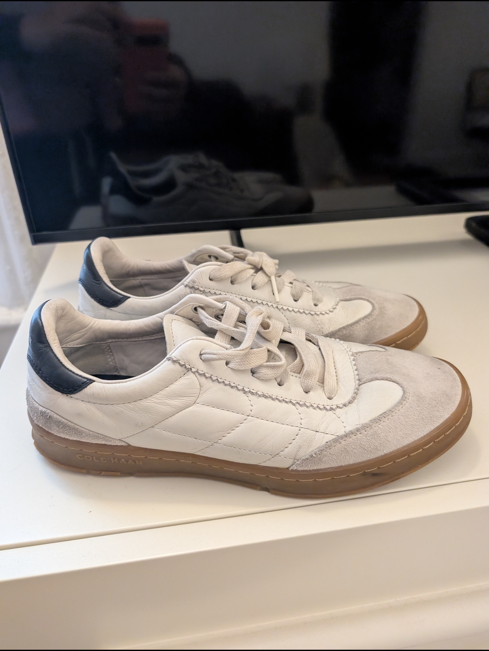 Cole Haan White Leather & Gum Low-Top Sneakers with Navy Heel